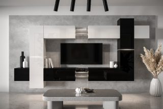 NEXT 91 moderní obývací stěna 355 cm bílý lesk/černý lesk